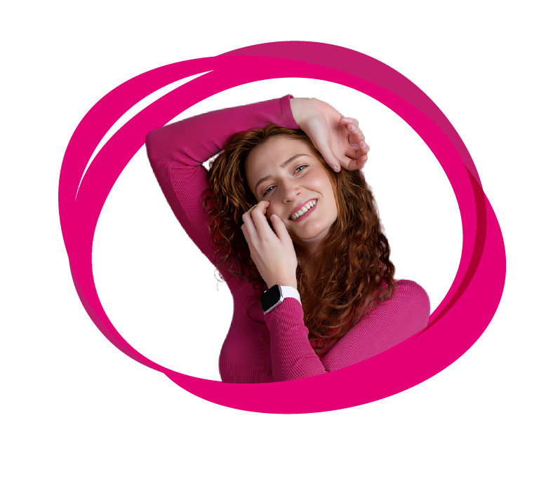 Happy woman in a pink-themed setting celebrating her great NBN deals in Australia.